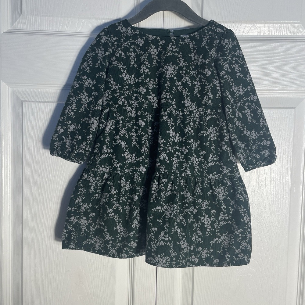 Baby Gap Corduroy Dress Girls 3 Dark Emerald Green‎ Floral Tired Long Sleeve